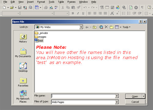Open File window in FrontPage
